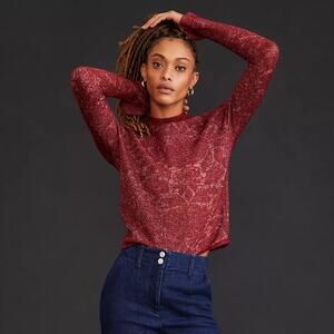 By Anthropologie Hanna Lace Mock Neck Sweater Burnout Merino Wool Blend Size XS